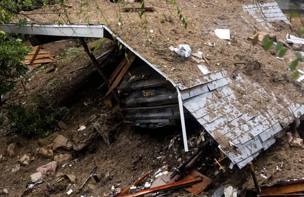 The remains of a home destroyed by a mudslide caused by the ongoing rain storm in Los Angeles, California, U.S., February 5, 2024. REUTERS/Aude Guerrucci